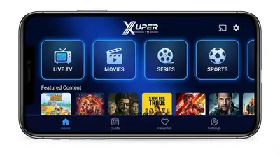 Xuper TV home screen on a phone showing Live TV, Movies, Series and Sports sections