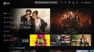 Xuper TV app interface on a television showing series and movie rows