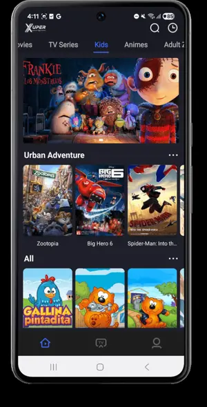 Xuper TV kids section showing cartoons and family shows on a phone